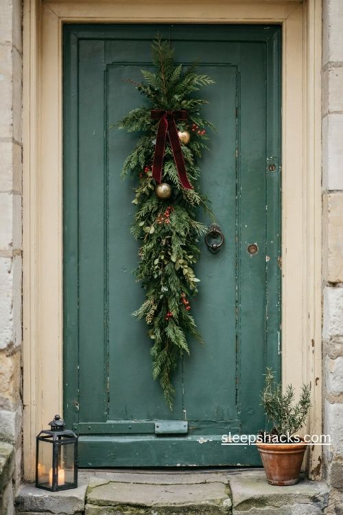 Teardrop Christmas door swag with mixed cedar pine and boxwood greenery red berries and velvet ribbon