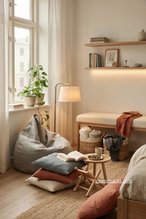 Teen bedroom hangout corner with bean bag window bench floor cushions and cozy seating 