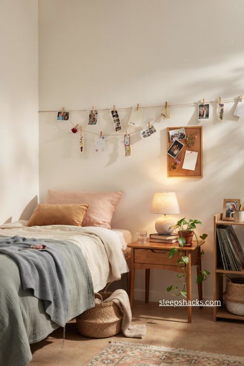 Teen bedroom memory wall with photos postcards keepsakes and cozy decor 