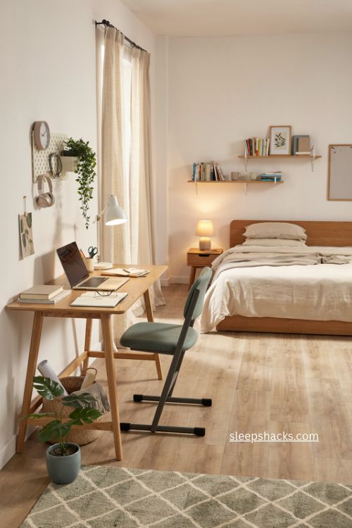 Teen bedroom study spot with spacious desk task lamp floating shelves and cozy decor 