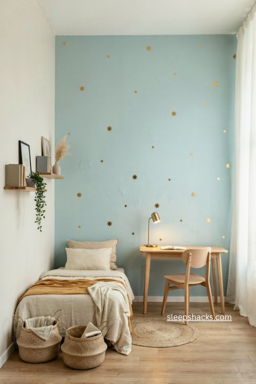 Teen bedroom with aqua wall gold star decals and cozy modern decor 