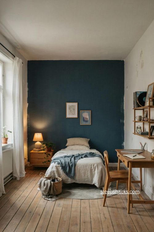 Teen bedroom with deep navy accent wall light walls and cozy modern decor 