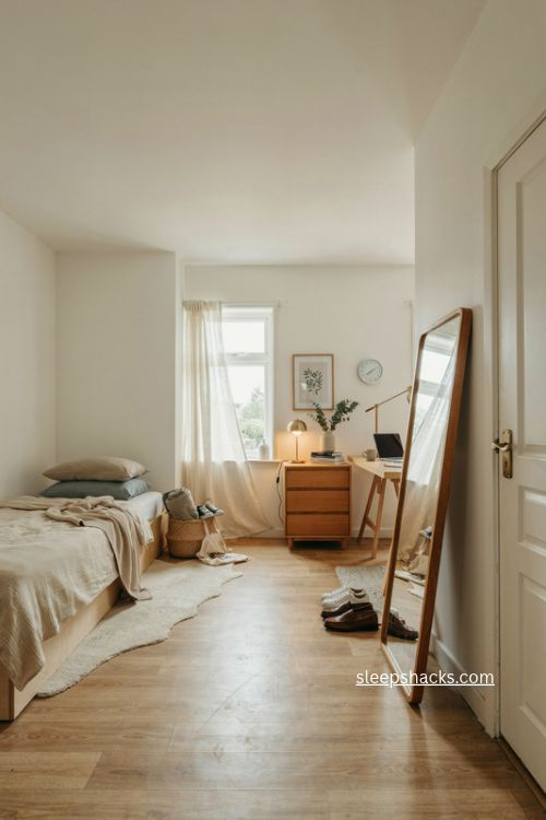 Teen bedroom with full length walnut mirror cozy neutral decor and natural light 