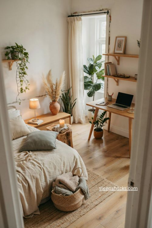 Teen bedroom with indoor plants woven textures jute rug and cozy natural decor 