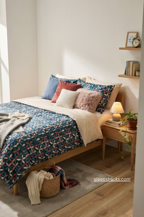 Teen bedroom with jewel tone bedding layered pillows and cozy textured throw 