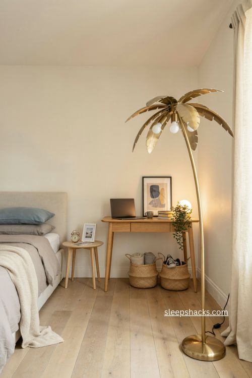 Teen bedroom with quirky gold palm tree lamp calm decor and playful personality 