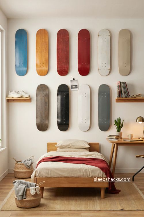 Teen bedroom with skateboard gallery wall colorful hobby display and cozy decor 