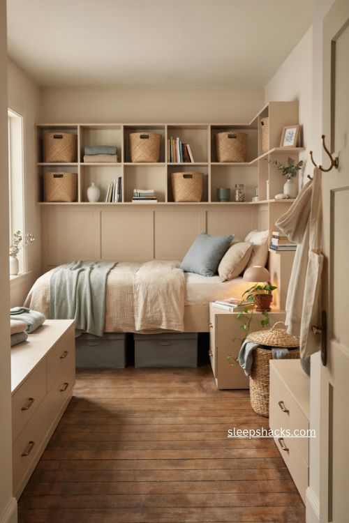 Teen bedroom with smart storage wall cubbies under bed drawers and cozy decor 