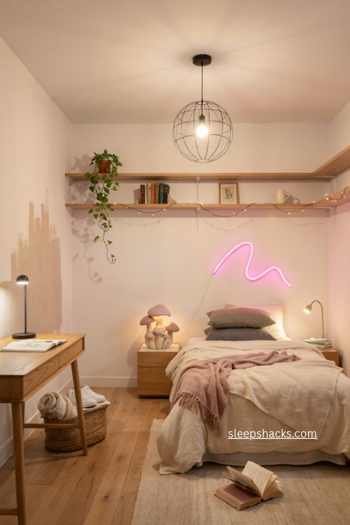 Teen bedroom with statement pendant lighting cozy lamps and warm layered glow 