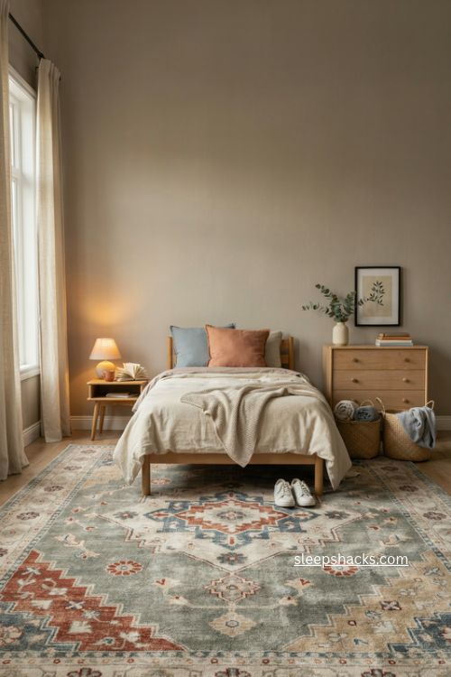 Teen bedroom with vintage style area rug cozy bed and grounded neutral decor 