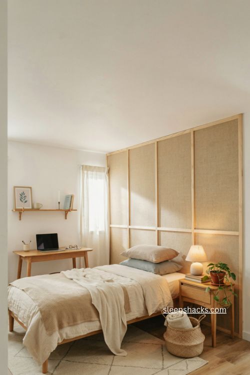 Teen bedroom with warm honey peel and stick wallpaper behind the bed 