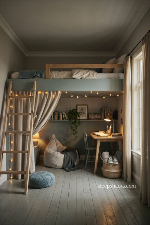 Teen loft bedroom with cozy study nook reading space and smart vertical storage 