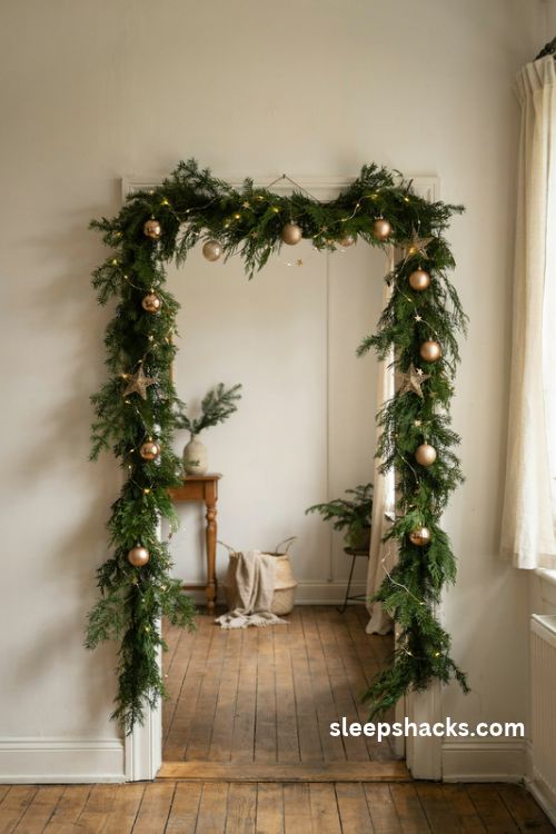 Tension rod Christmas garland arch for renters with gold ornaments and warm white lights