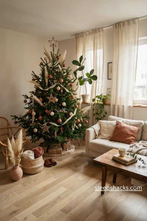 Terracotta and cream Christmas tree with clay ornaments and dried pampas grass