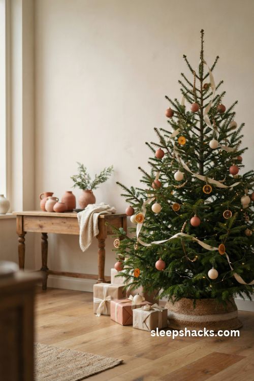 Terracotta and cream Christmas tree with matte ornaments and soft ribbon