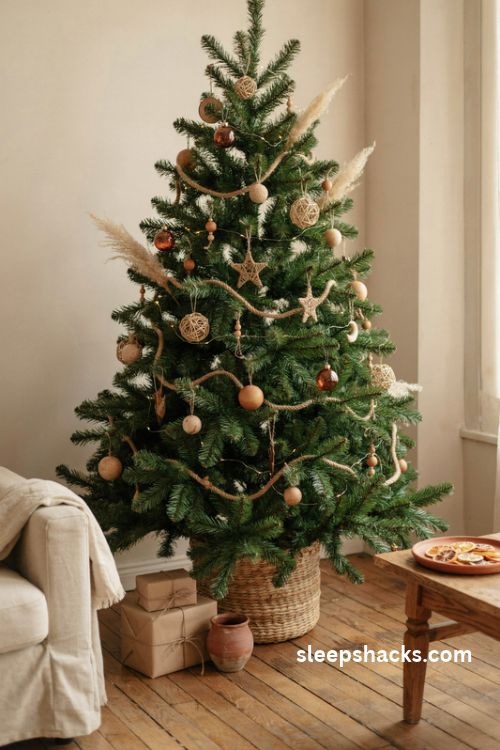 Terracotta and rattan boho christmas tree with woven ornaments pampas grass and jute garland