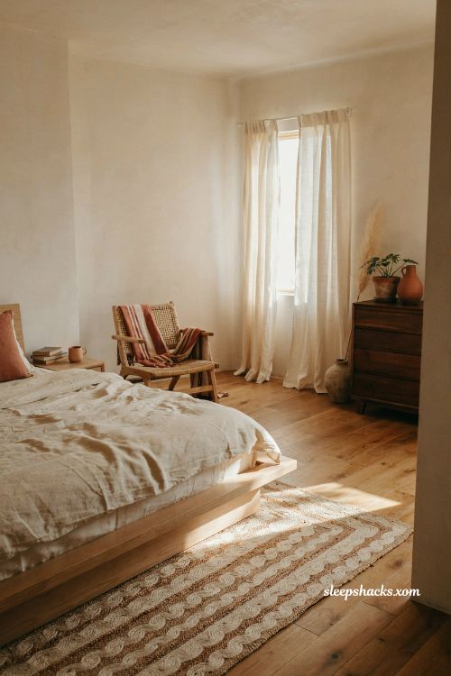Terracotta clay accents and cream linen bedding in a desert inspired bedroom