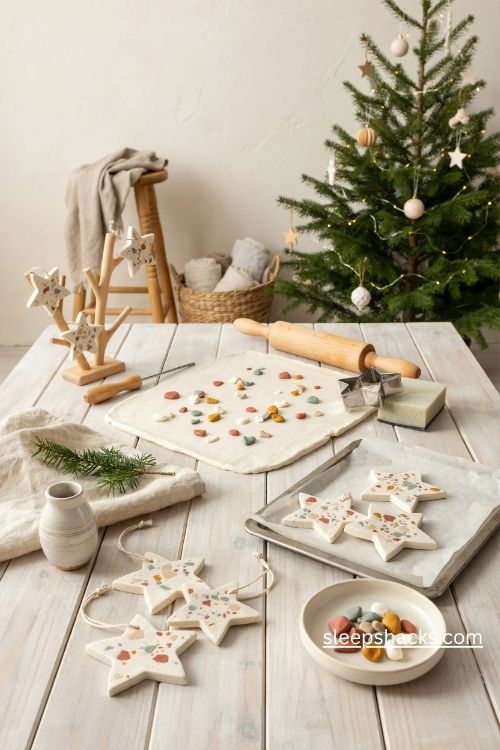 Terrazzo polymer clay star christmas ornaments in modern scandinavian colors