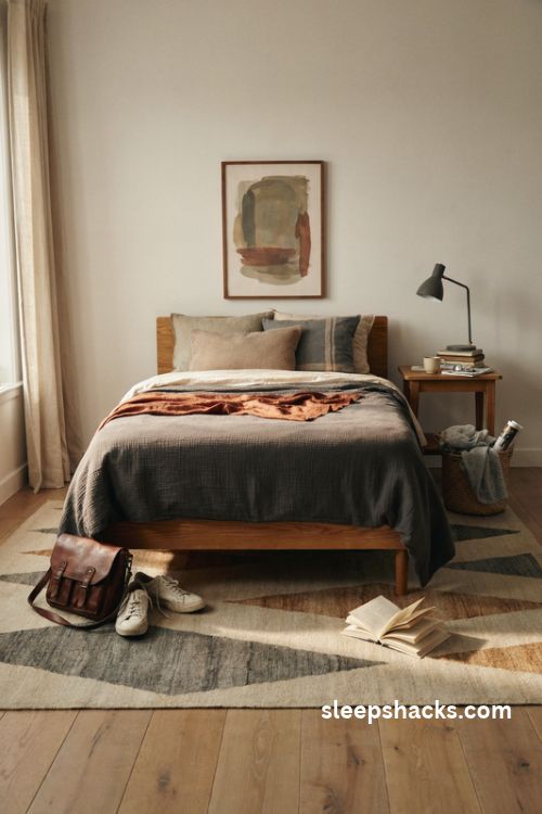 Textured bedding and layered rugs for older boys bedrooms