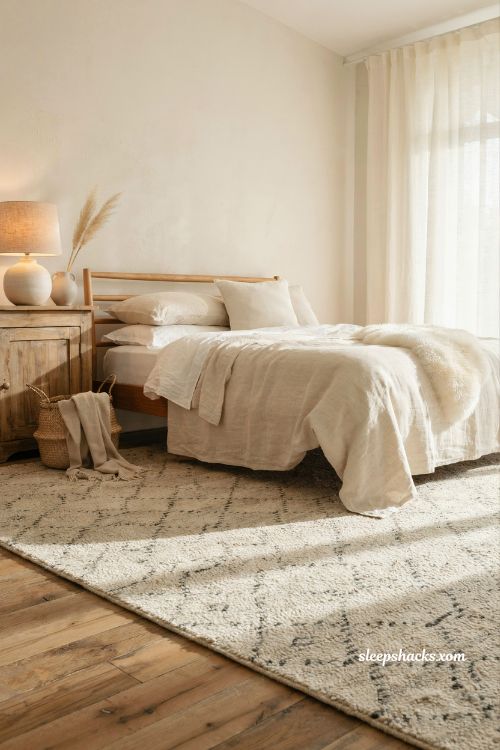 Textured flecked wool area rug layered beneath a bed in a cozy cream bedroom