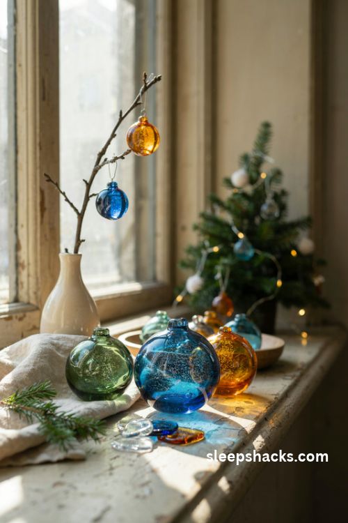 Textured fused glass bubble round christmas ornaments in cobalt blue green and amber