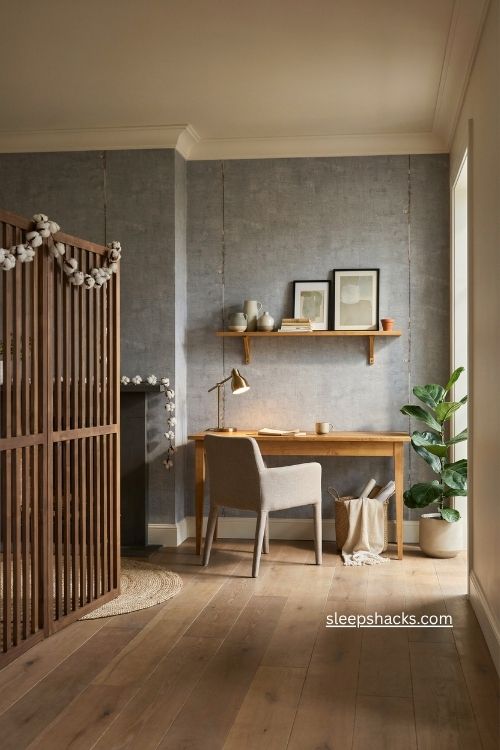 Textured wallpaper and wood panel office wall ideas for a cozy workspace