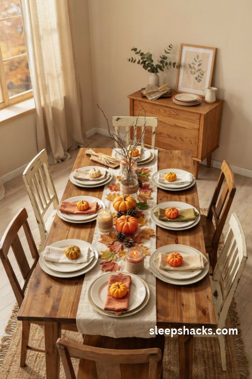 Thanksgiving DIY decor with rustic pumpkins autumn leaves and handmade table centerpiece