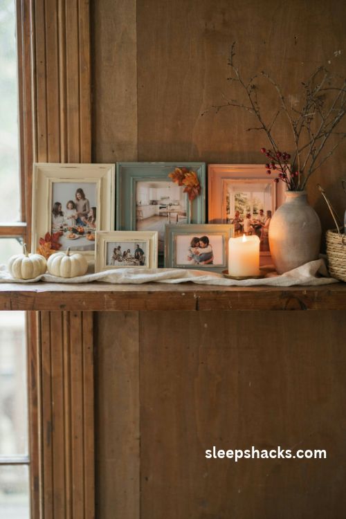Thanksgiving family photo frame display in cream sage and terracotta with autumn leaves on a rustic farmhouse mantel