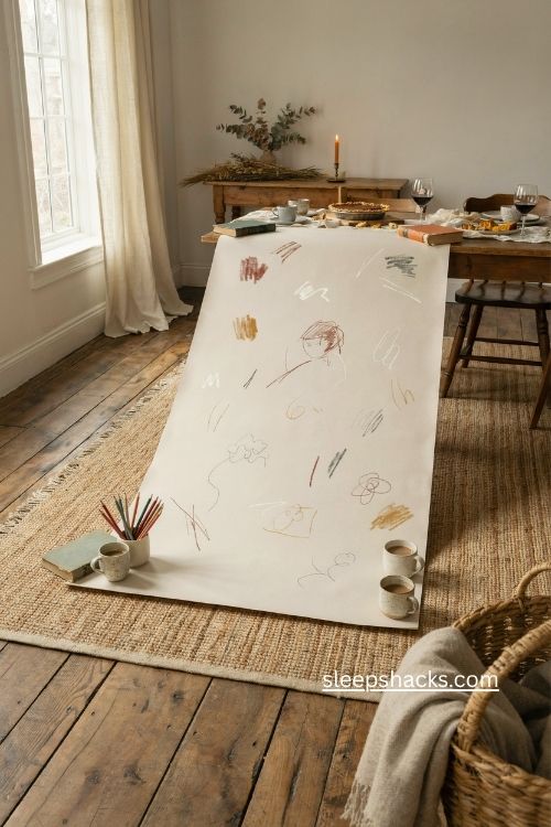Thanksgiving floor drawing space with paper rug and colored pencils 