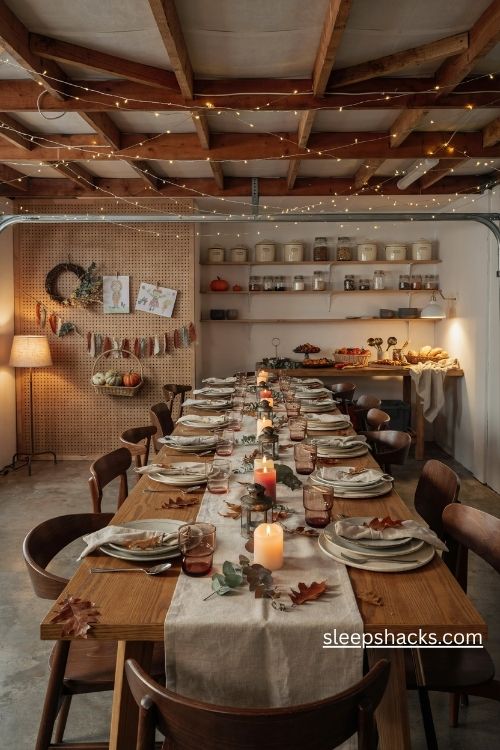 Thanksgiving garage dining room with warm white fairy lights glowing lanterns and cozy amber candlelight