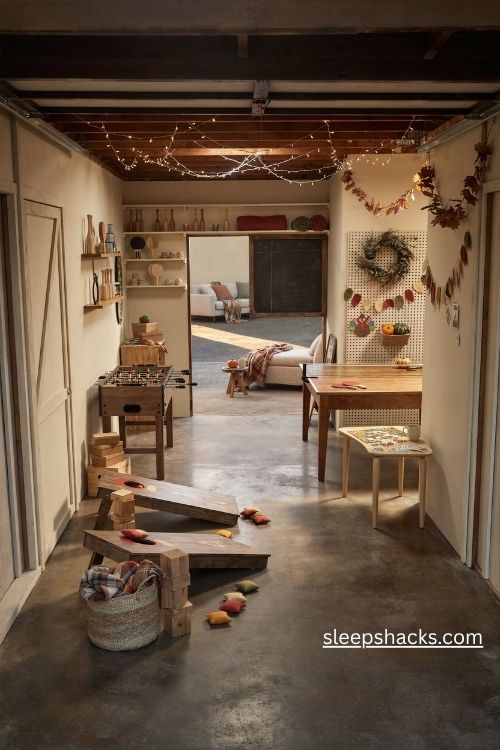 Thanksgiving garage game corner with ping pong foosball giant jenga board games and cozy autumn decorations