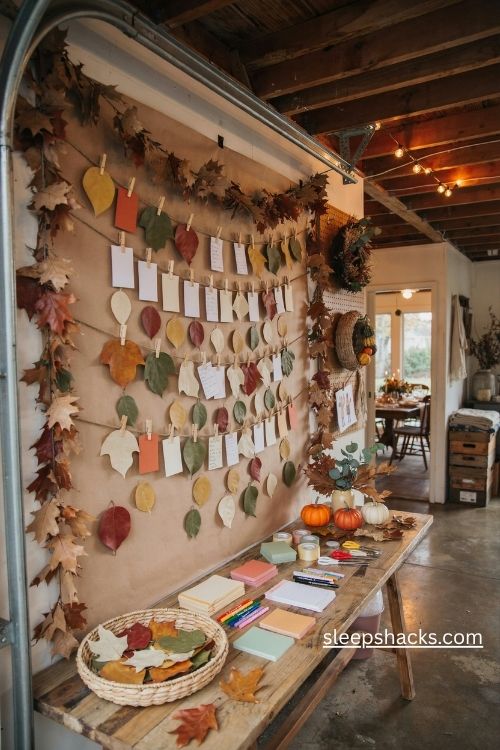 Thanksgiving garage gratitude wall with paper autumn leaves wooden clothespins and a cozy harvest activity table