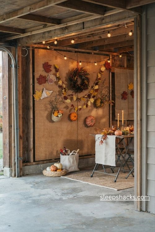 Thanksgiving garage pegboard decor with a fall wreath handmade paper garlands mini gourds and warm rustic colors
