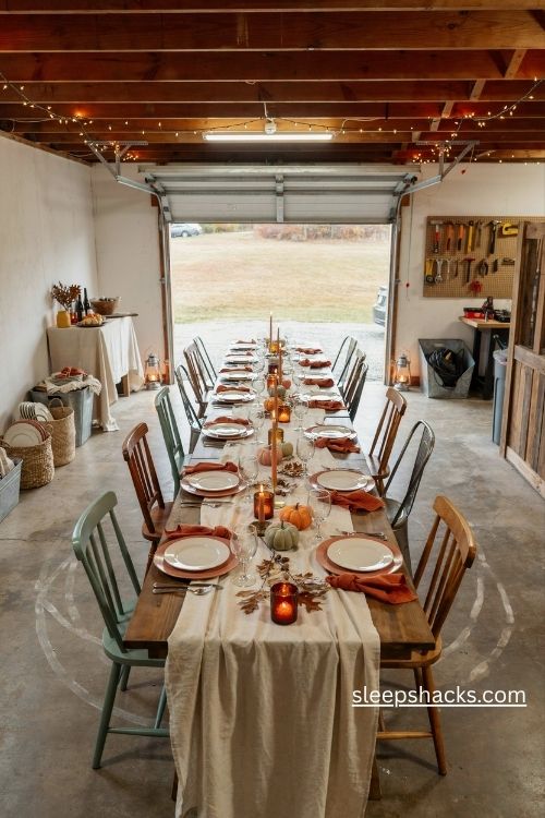 Thanksgiving garage setup with rustic farmhouse dining tables warm autumn decor and cozy holiday lighting