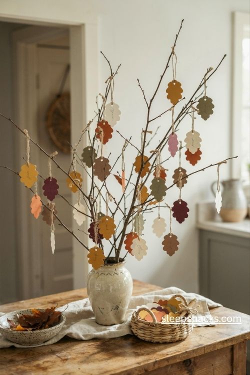 Thanksgiving gratitude tree with handmade autumn leaf tags and a woven basket