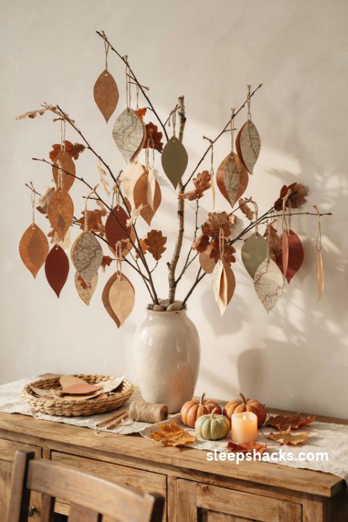 Thanksgiving gratitude tree with handmade paper leaves in a rustic ceramic vase