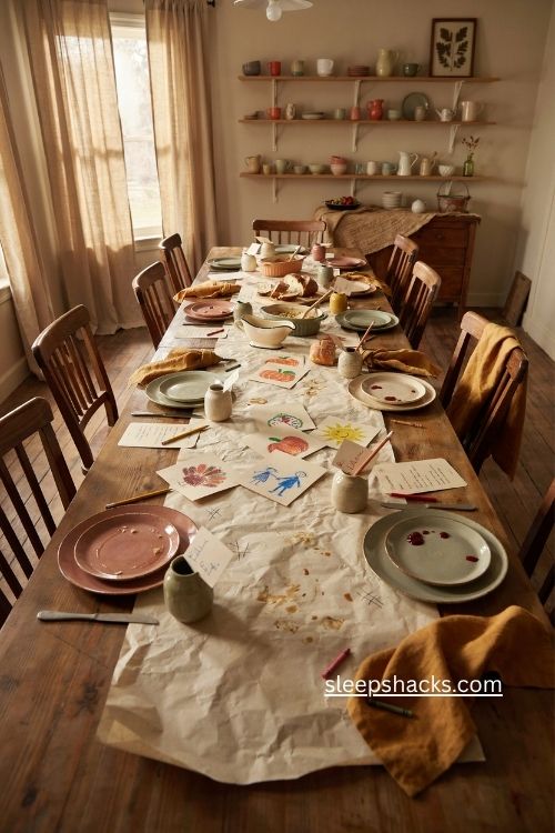 Thanksgiving table mess with children’s drawings and dinner memories 