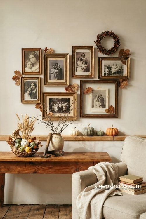 Thanksgiving wall decor with a cozy fall gallery wall family photos mini pumpkins and a rustic leaf wreath 