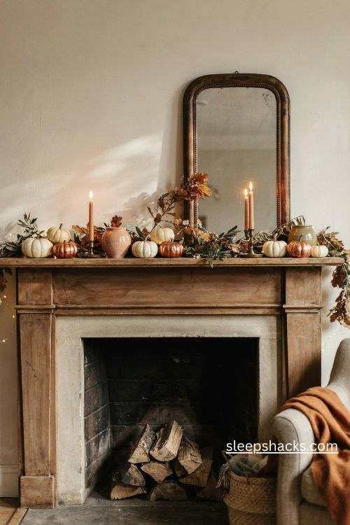 Thanksgiving wall decor with a cozy farmhouse mantel autumn garland cream pumpkins and warm fairy lights 