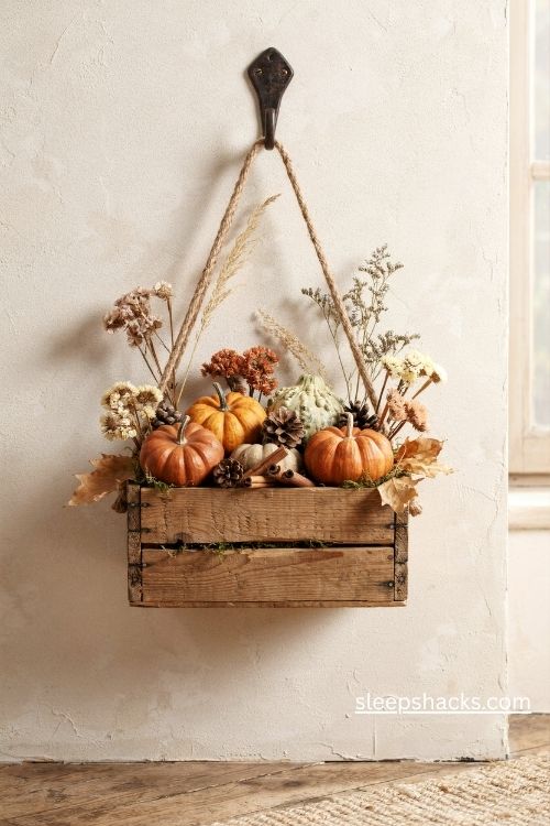 Thanksgiving wall decor with a handmade autumn wreath of dried leaves pinecones and mini pumpkins 