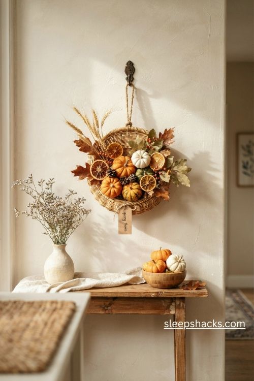 Thanksgiving wall decor with a hanging rattan harvest basket filled with mini pumpkins pinecones and dried orange slices 