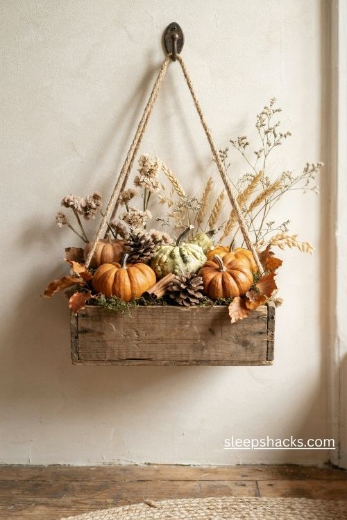 Thanksgiving wall decor with a hanging wooden harvest crate filled with mini pumpkins gourds and autumn leaves 