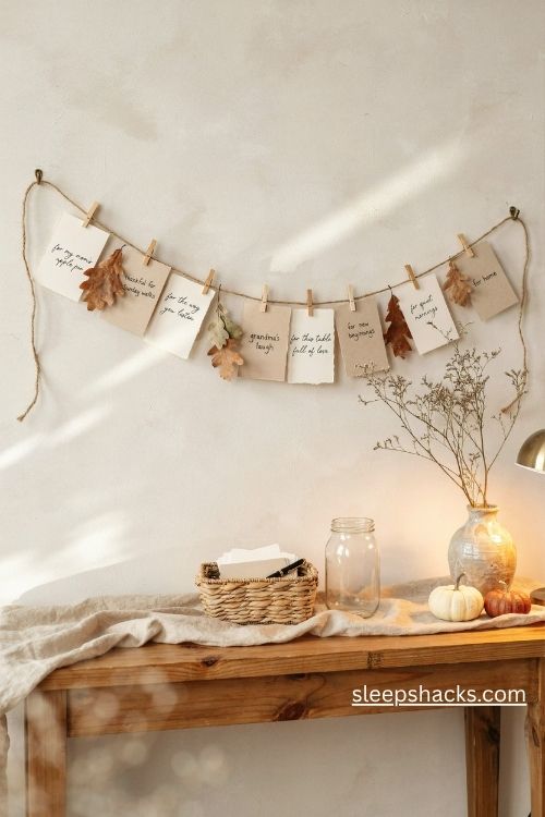 Thanksgiving wall decor with a heartfelt gratitude note display twine clothespins and rustic farmhouse accents 
