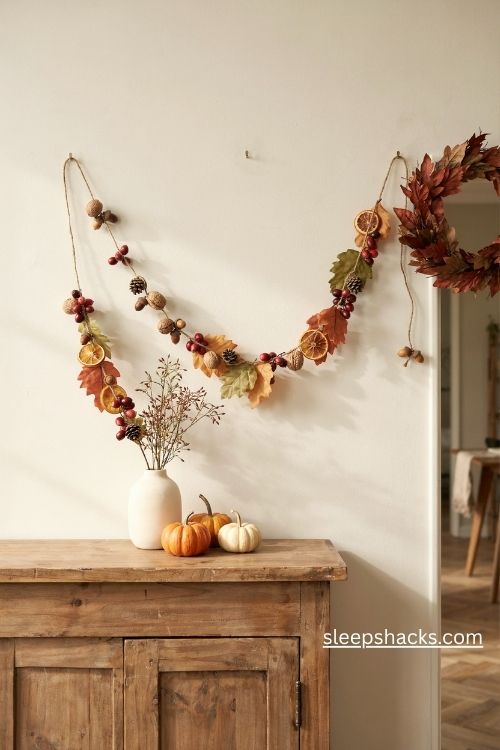 Thanksgiving wall decor with a matching autumn garland of dried oranges cranberries acorns and fall leaves 