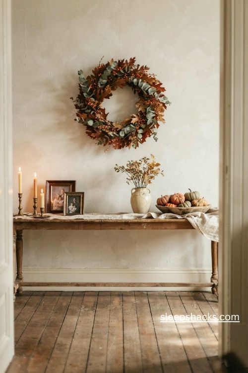 Thanksgiving wall decor with a rustic autumn leaf wreath and cozy farmhouse hallway accents 