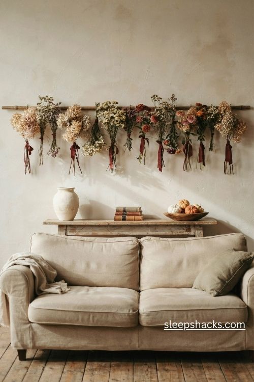 Thanksgiving wall decor with dried hydrangeas yarrow and zinnias tied with burgundy ribbons 