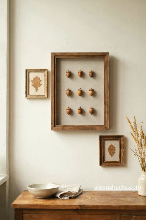 Thanksgiving wall decor with framed acorn shadow box art and pressed oak leaves in a cozy farmhouse kitchen 
