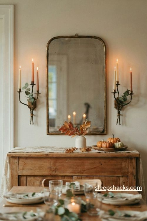 Thanksgiving wall decor with rustic candle wall sconces eucalyptus sprigs and warm farmhouse lighting 