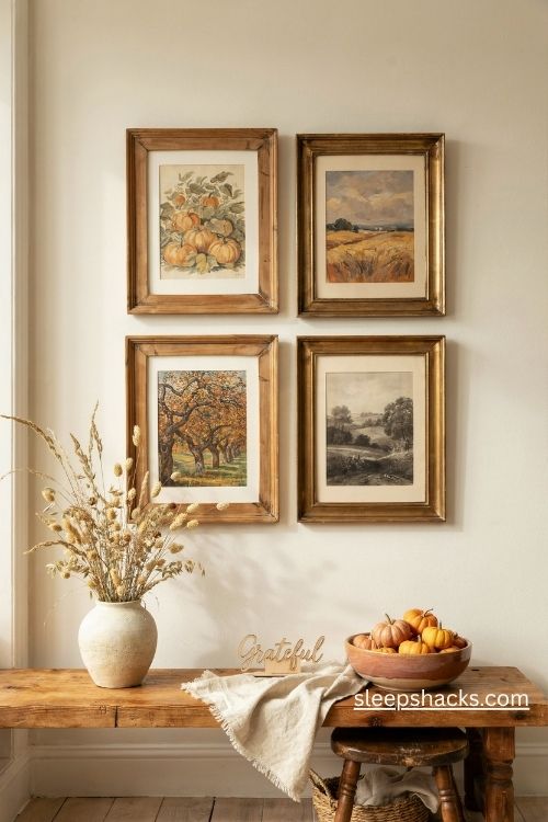 Thanksgiving wall decor with rustic framed harvest art golden field prints and autumn farmhouse accents 