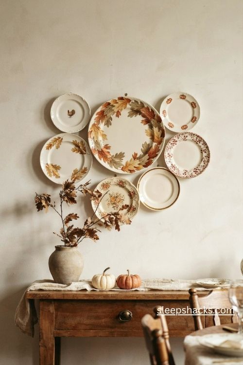 Thanksgiving wall decor with vintage turkey pumpkin and autumn leaf decorative plates in a cozy dining nook 